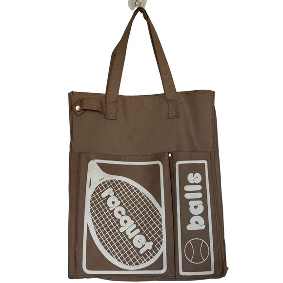 Vintage Tennis Racquet & Balls Tote Bag – Made in Taiwan – Brown Canvas - Picture 1 of 4